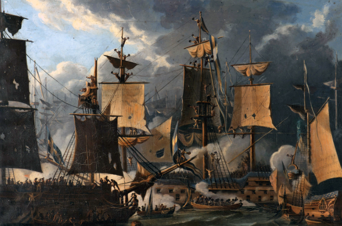 An old painting depicting a naval battle with several ships.